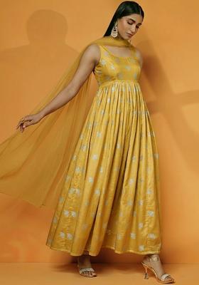Mustard Jacquard Silk Anarkali with Dupatta