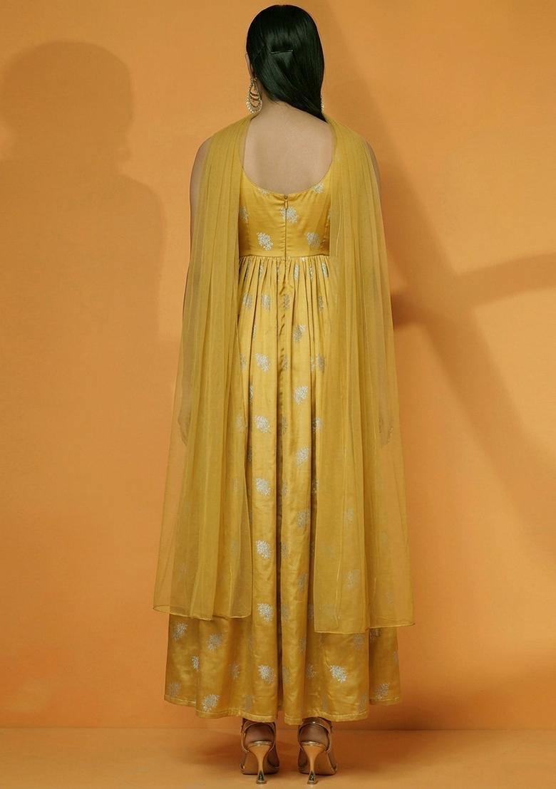 Mustard Jacquard Silk Anarkali with Dupatta - Indya