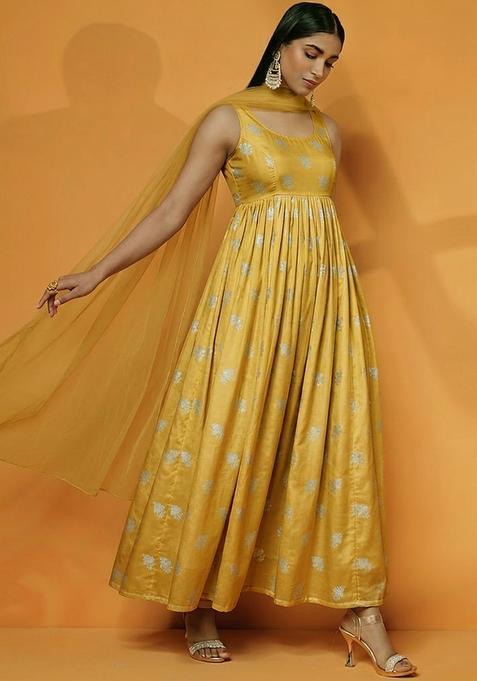 Mustard Jacquard Silk Anarkali with Dupatta