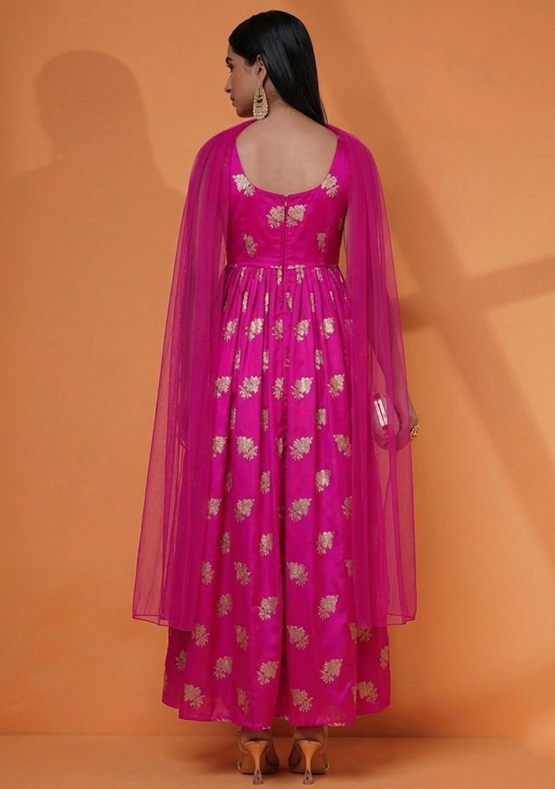 Magenta Jacquard Silk Anarkali with Dupatta - Indya