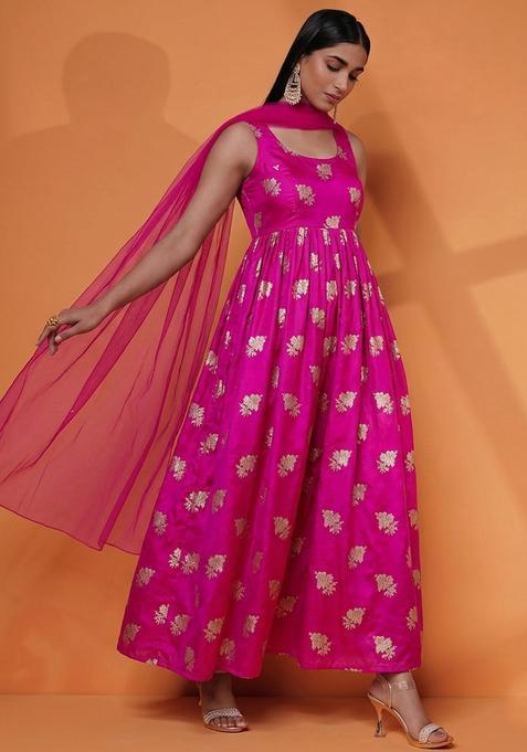 Magenta Jacquard Silk Anarkali with Dupatta