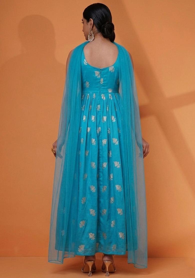 Turquoise Jacquard Silk Anarkali with Dupatta - Indya