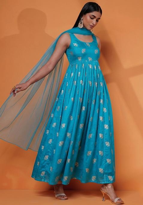 Turquoise Jacquard Silk Anarkali with Dupatta