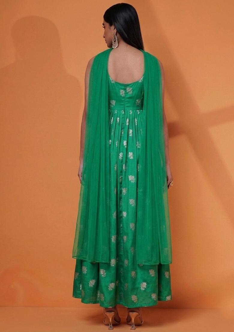 Emerald Jacquard Silk Anarkali with Dupatta - Indya
