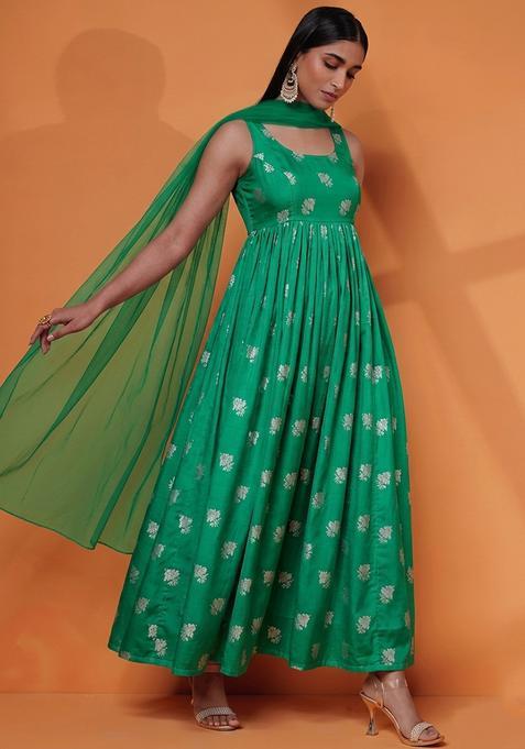 Emerald Jacquard Silk Anarkali with Dupatta