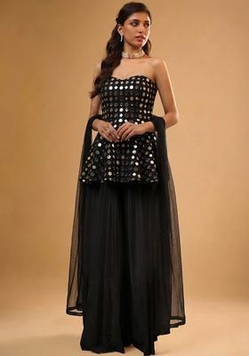 Jet Black Embellished Georgette Sharara Set