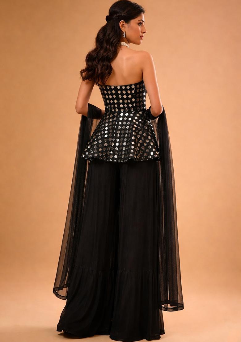 Jet Black Embellished Georgette Sharara Set - Indya