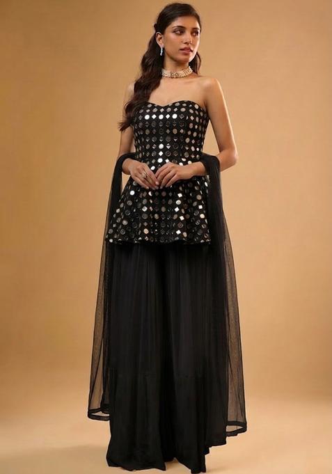Jet Black Embellished Georgette Sharara Set