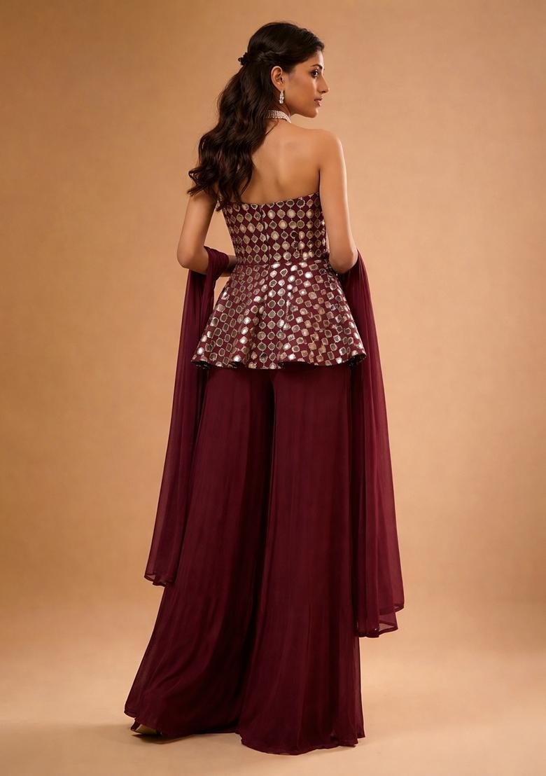 Maroon Embellished Georgette Sharara Set - Indya