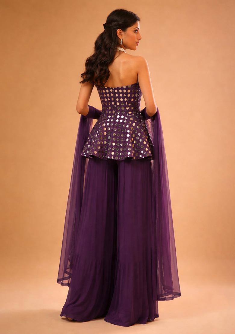 Plum Embellished Georgette Sharara Set - Indya