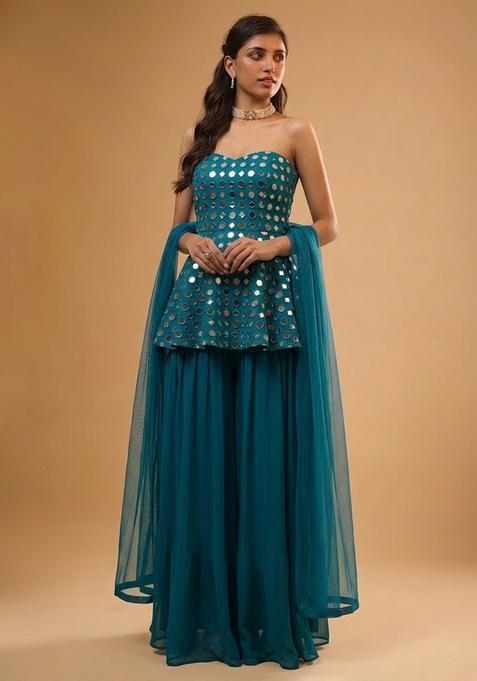 Teal Blue Embellished Georgette Sharara Set