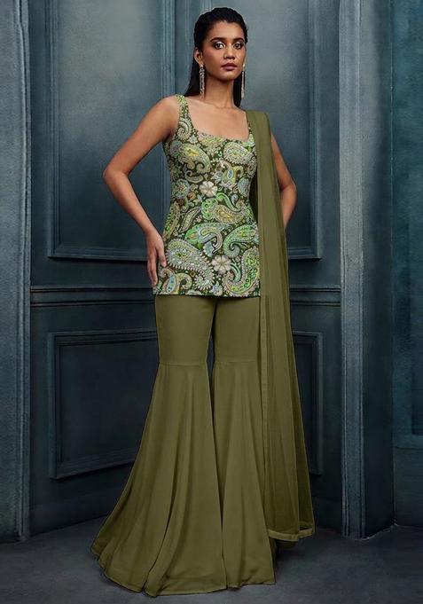 Olive Green Printed Crepe Sharara Set