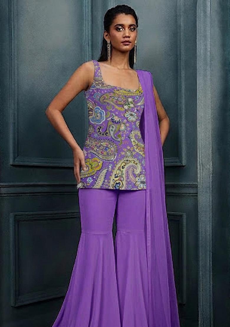 Lavender Printed Crepe Sharara Set - Indya