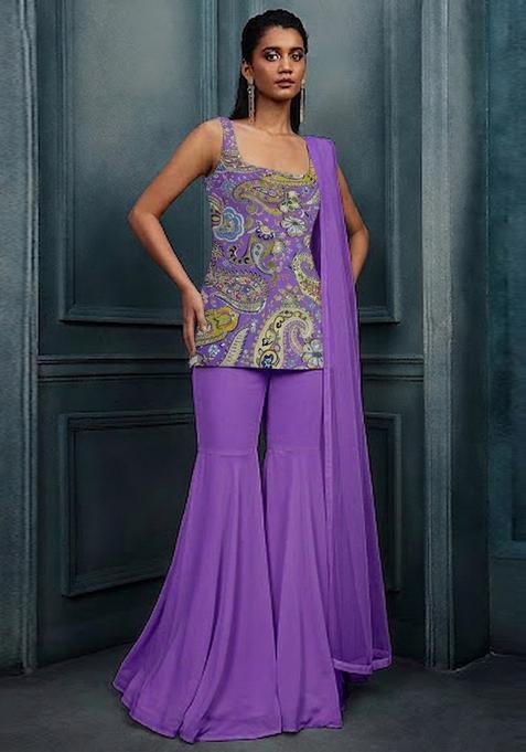 Lavender Printed Crepe Sharara Set