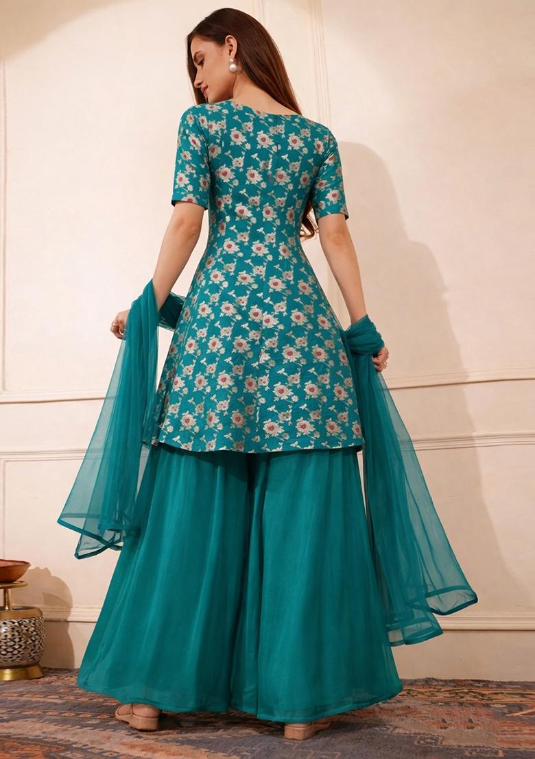 Teal Green Jacquard Silk Sharara Set - Indya