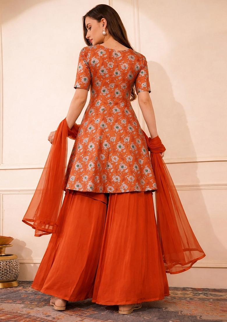 Burnt Orange Jacquard Silk Sharara Set - Indya