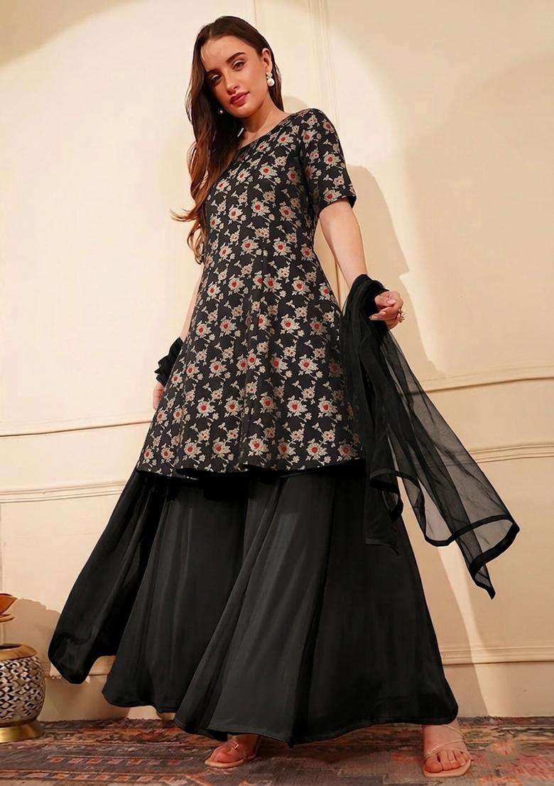 Black Jacquard Silk Sharara Set - Indya