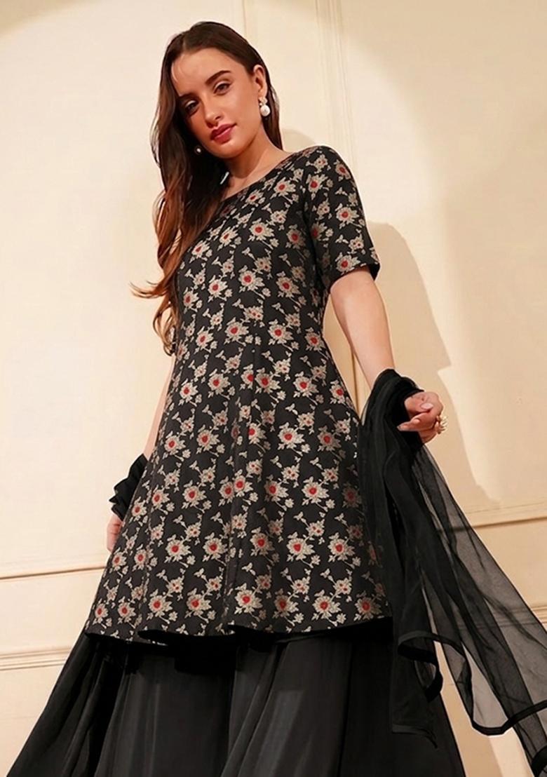 Black Jacquard Silk Sharara Set - Indya