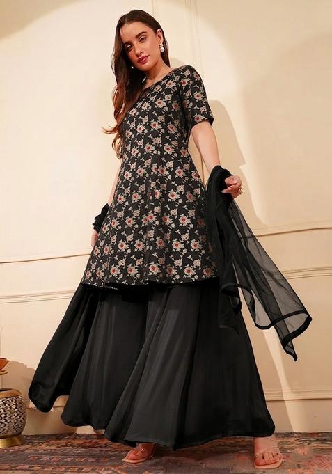 Black Jacquard Silk Sharara Set
