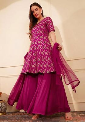 Magenta Jacquard Silk Sharara Set