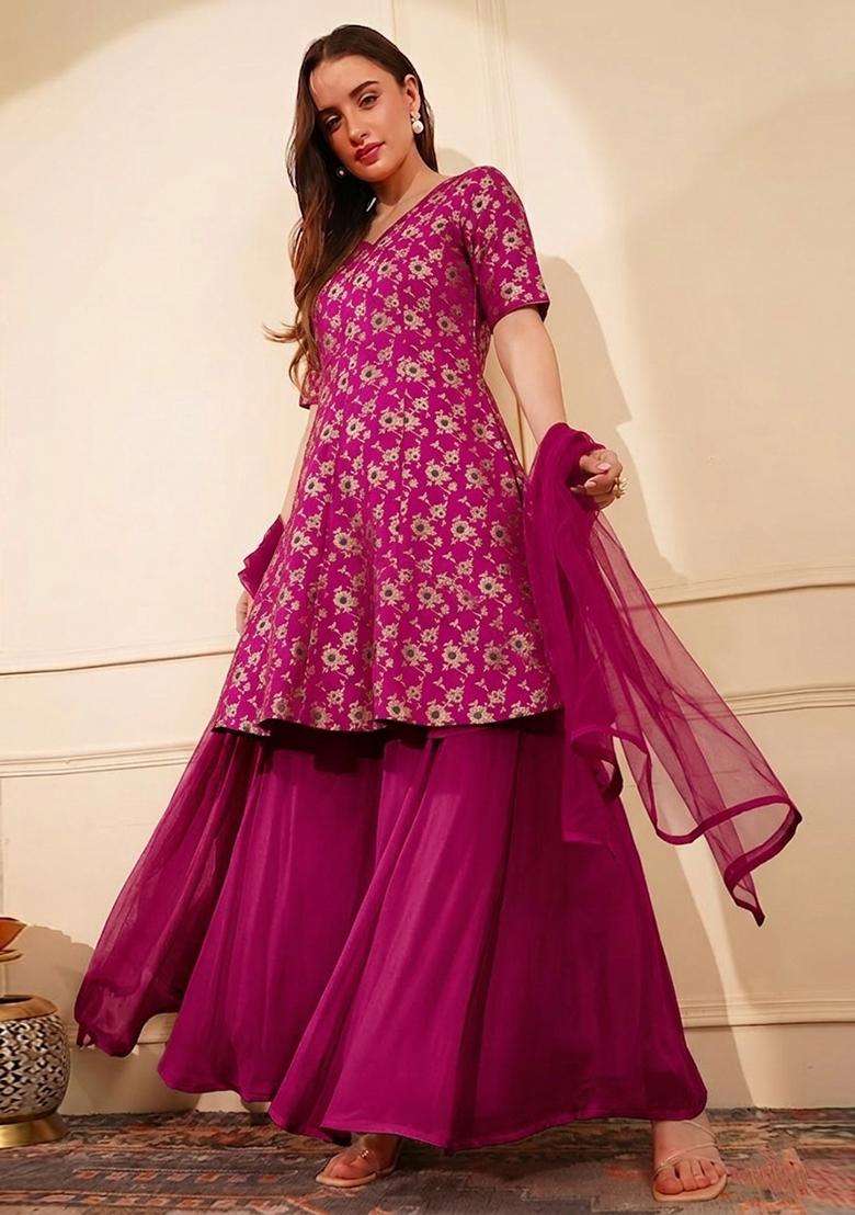 Magenta Jacquard Silk Sharara Set - Indya