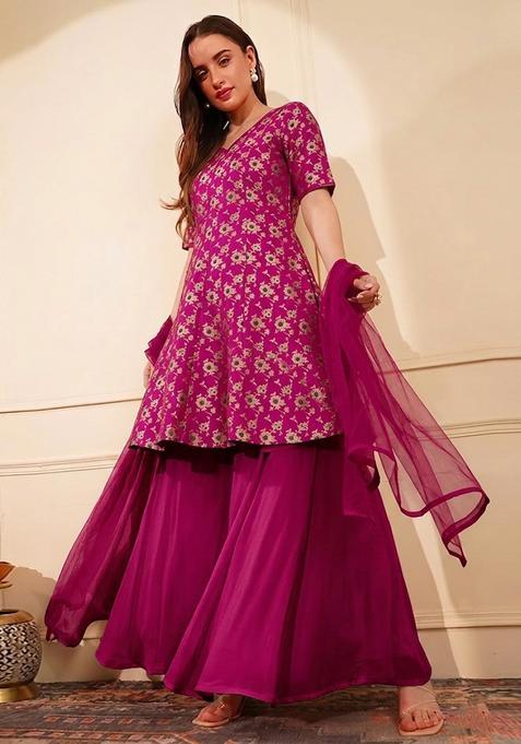 Magenta Jacquard Silk Sharara Set