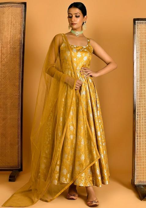 Mustard Yellow Jacquard Silk Anarkali with Dupatta