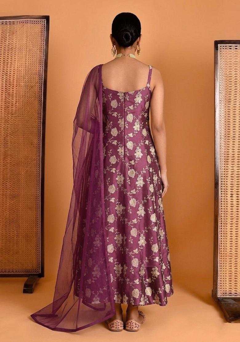 Plum Jacquard Silk Anarkali with Dupatta - Indya