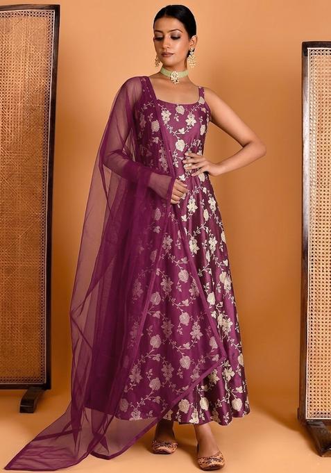 Plum Jacquard Silk Anarkali with Dupatta
