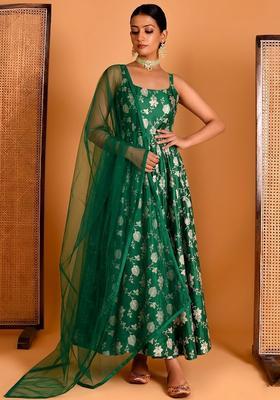 Emerald Jacquard Silk Anarkali with Dupatta