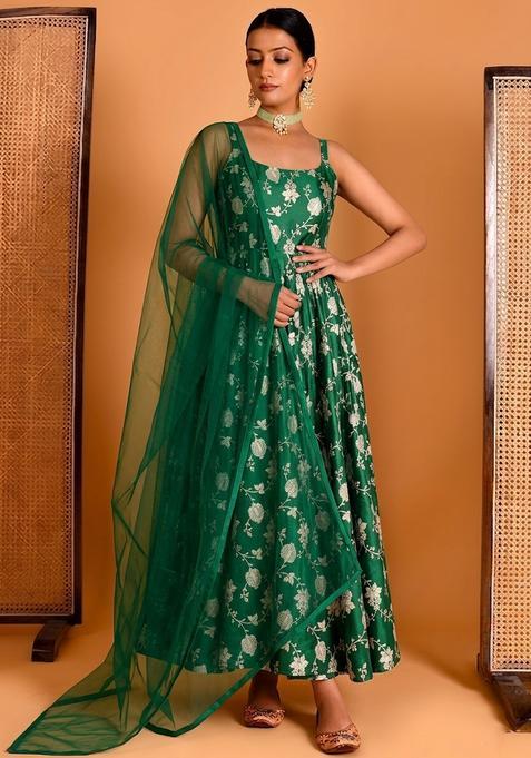 Emerald Jacquard Silk Anarkali with Dupatta