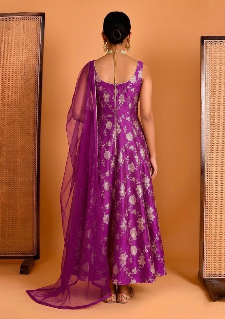 Fuchsia Jacquard Silk Anarkali with Dupatta - Indya