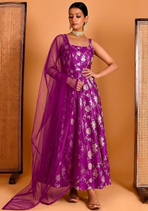 Fuchsia Jacquard Silk Anarkali with Dupatta