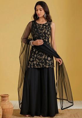 Jet Black Embroidered Georgette Sharara Set