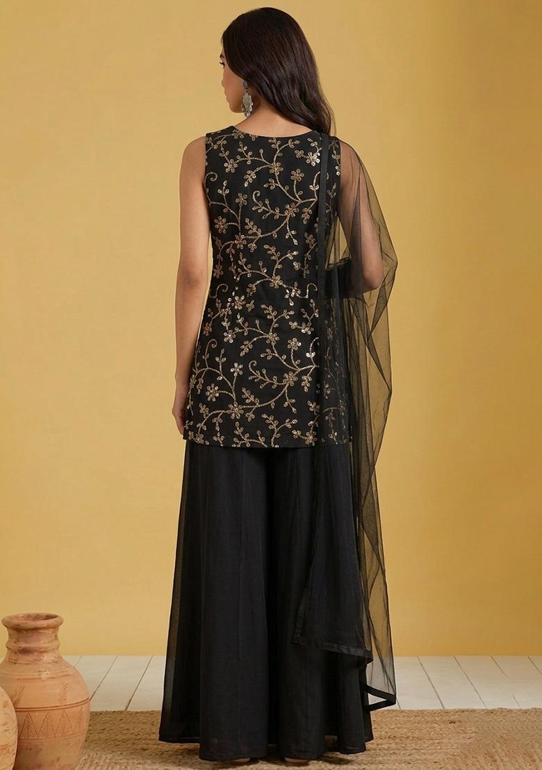 Jet Black Embroidered Georgette Sharara Set - Indya