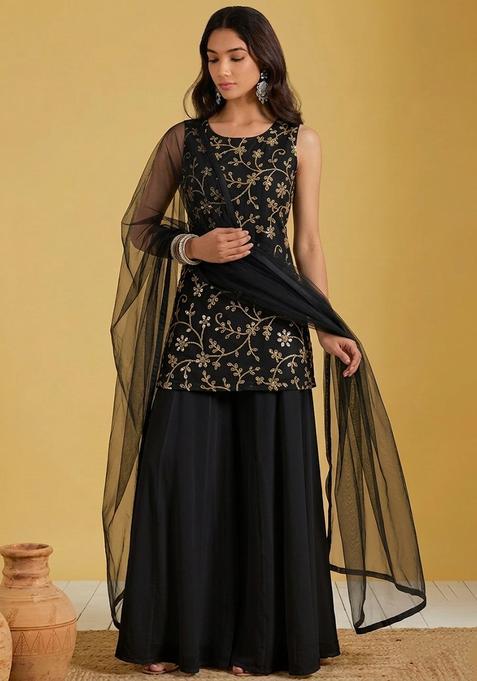 Jet Black Embroidered Georgette Sharara Set