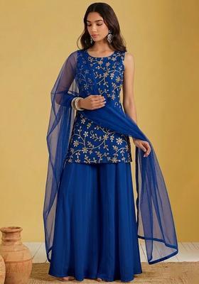 Sapphire Embroidered Georgette Sharara Set