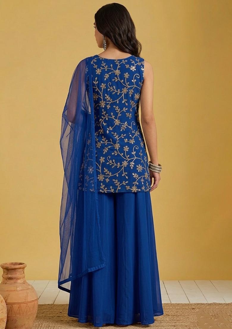 Sapphire Embroidered Georgette Sharara Set - Indya