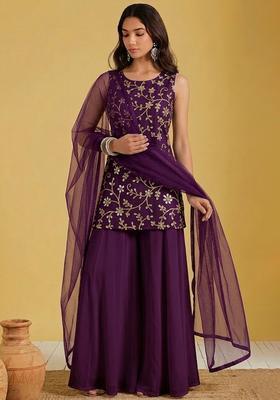 Plum Embroidered Georgette Sharara Set