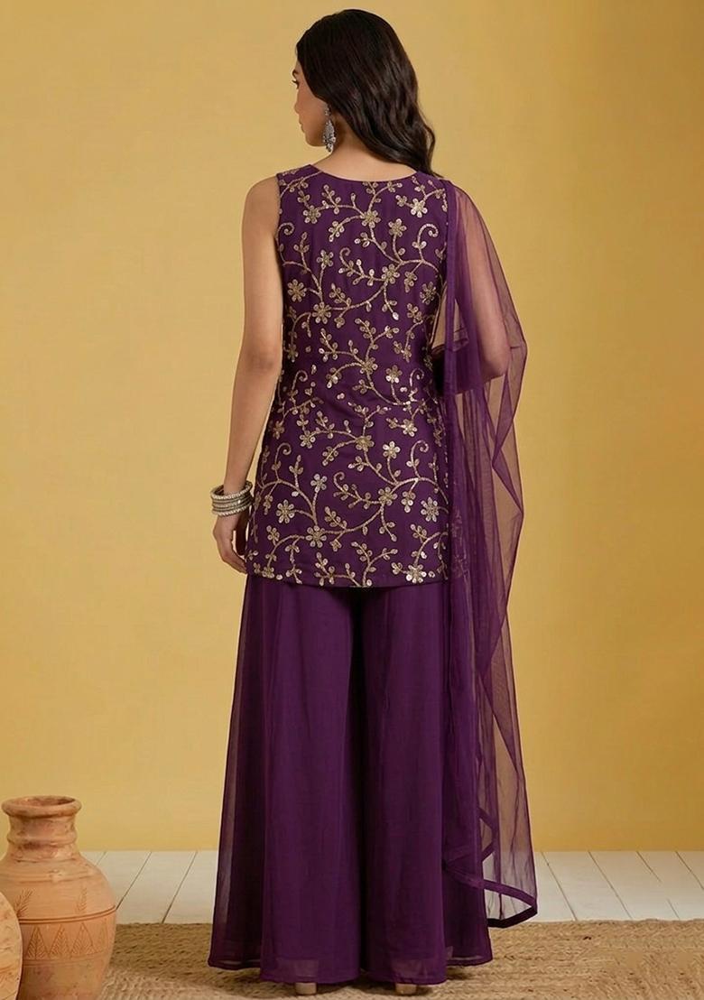 Plum Embroidered Georgette Sharara Set - Indya