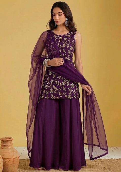 Plum Embroidered Georgette Sharara Set