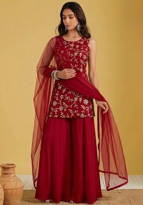 Maroon Embroidered Georgette Sharara Set