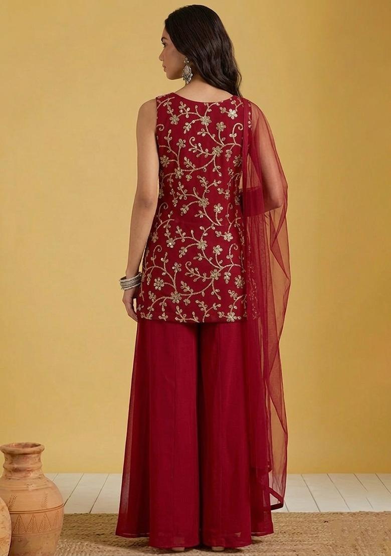Maroon Embroidered Georgette Sharara Set - Indya