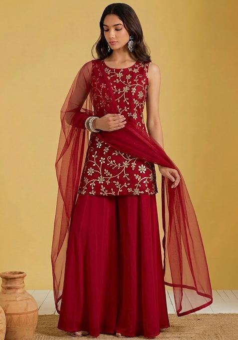 Maroon Embroidered Georgette Sharara Set