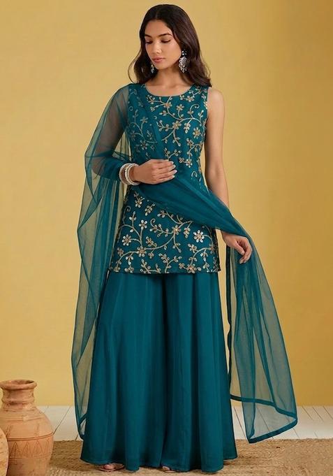 Teal Blue Embroidered Georgette Sharara Set