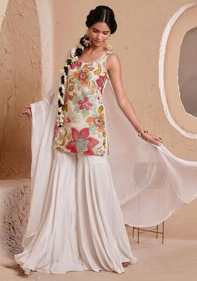 Off White Printed Organza Sharara Set