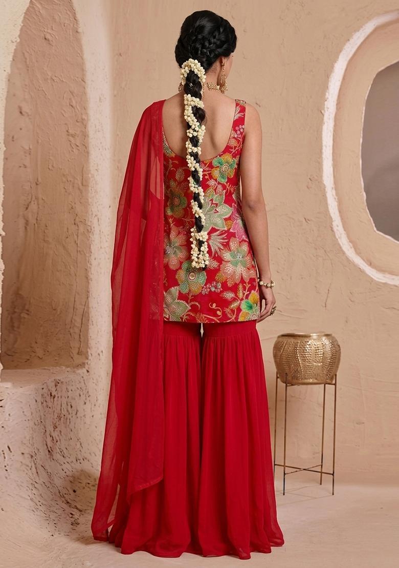 Crimson Printed Organza Sharara Set - Indya
