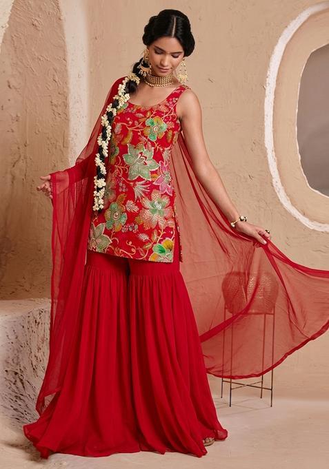 Crimson Printed Organza Sharara Set