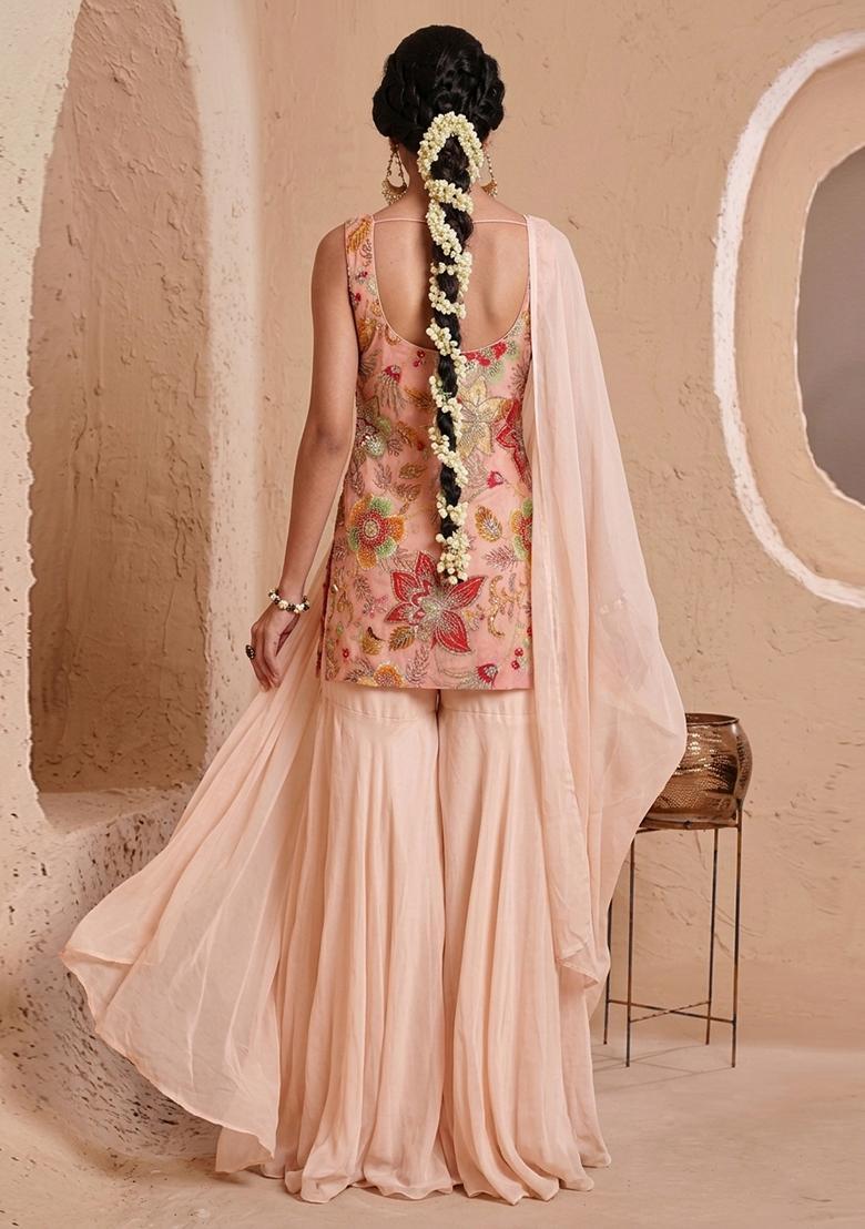 Peach Printed Organza Sharara Set - Indya