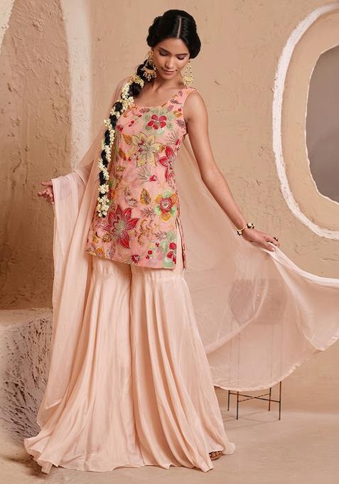 Peach Printed Organza Sharara Set